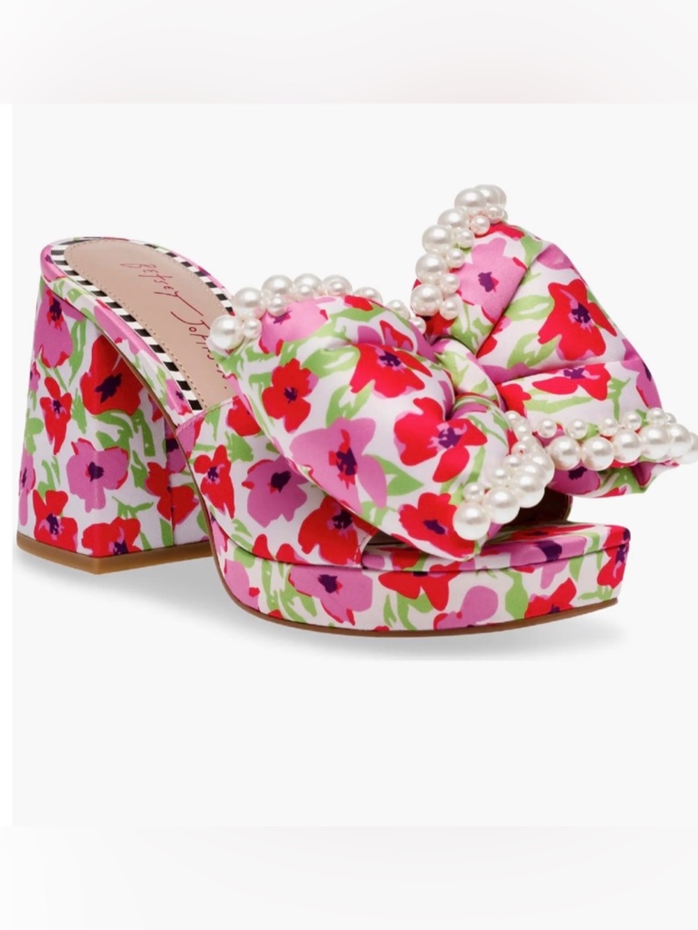 Betsey Johnson Pink Floral Pearl Bow Platform Heels